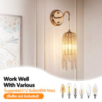 Set of 2 Gold Frame and Cascading Crystal Bead String Wall Sconces, E12 Bulb Socket, Elegant Hanging Light Fixture for Living Room, Bedroom, Hallway (Bulb Not Included)
