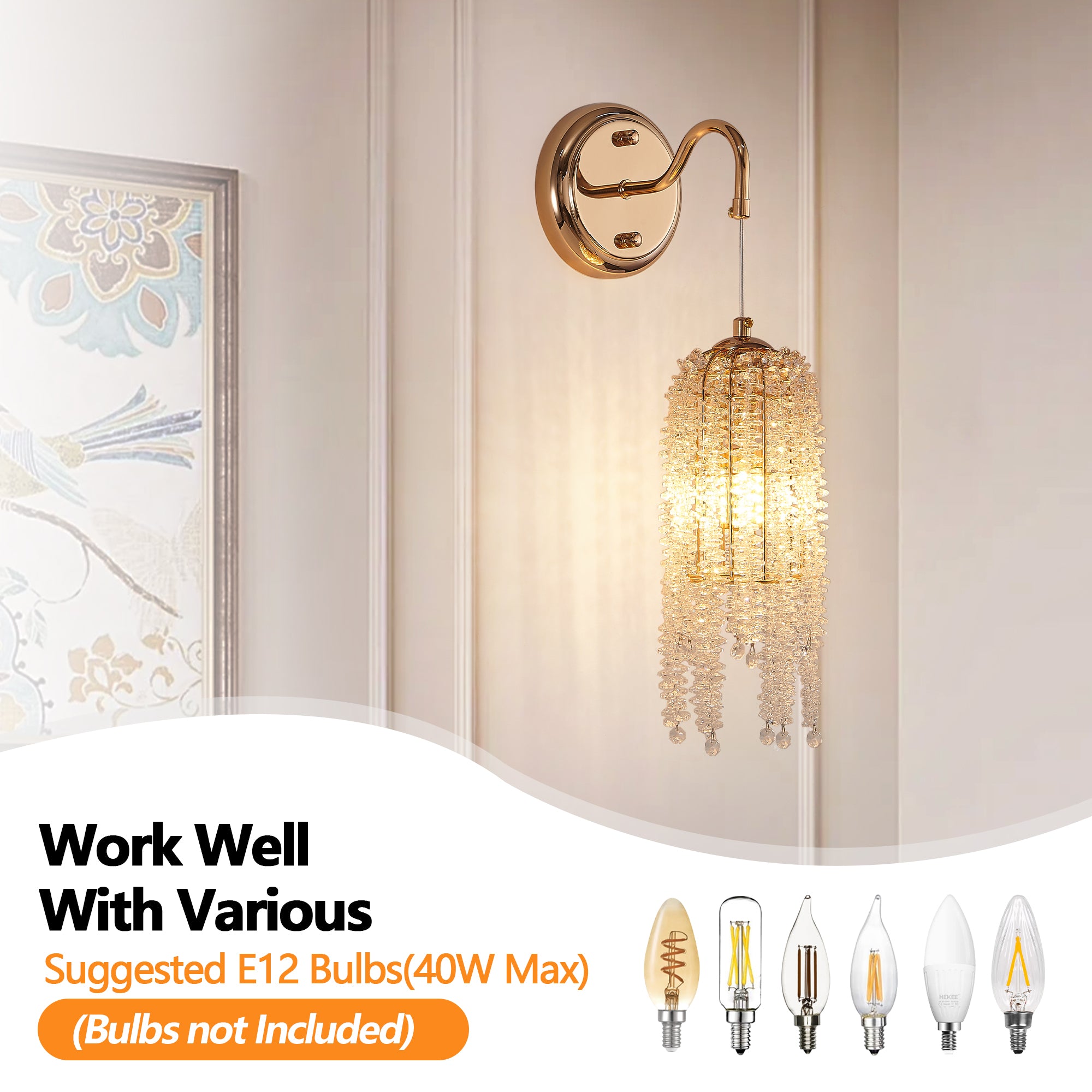 Set of 2 Gold Frame and Cascading Crystal Bead String Wall Sconces, E12 Bulb Socket, Elegant Hanging Light Fixture for Living Room, Bedroom, Hallway (Bulb Not Included)