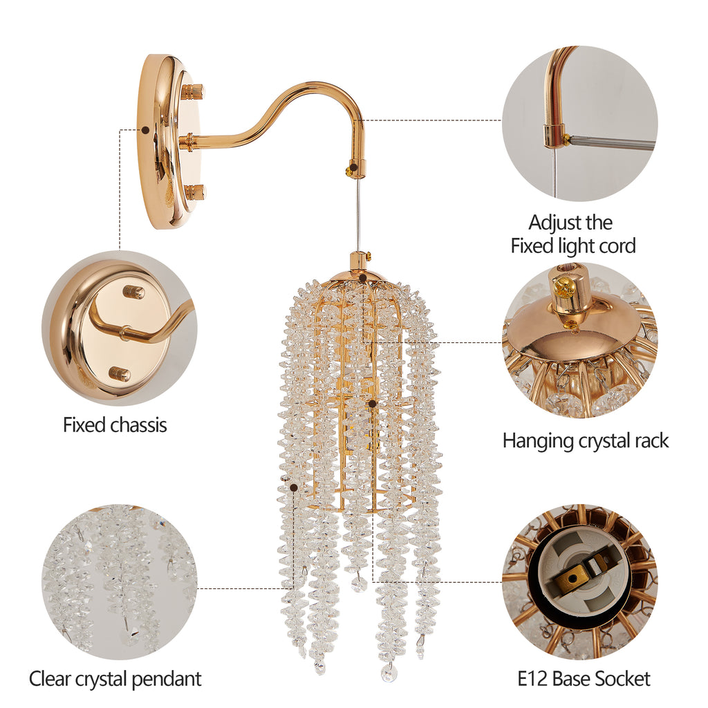 Set of 2 Gold Frame and Cascading Crystal Bead String Wall Sconces, E12 Bulb Socket, Elegant Hanging Light Fixture for Living Room, Bedroom, Hallway (Bulb Not Included)