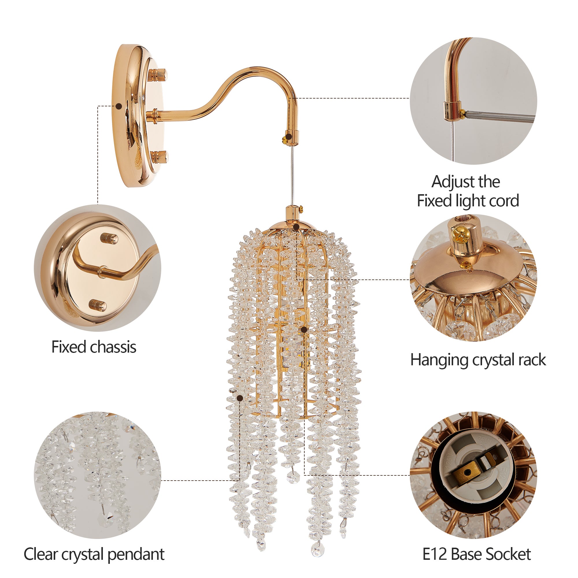 Set of 2 Gold Frame and Cascading Crystal Bead String Wall Sconces, E12 Bulb Socket, Elegant Hanging Light Fixture for Living Room, Bedroom, Hallway (Bulb Not Included)