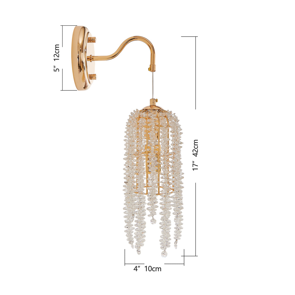 Set of 2 Gold Frame and Cascading Crystal Bead String Wall Sconces, E12 Bulb Socket, Elegant Hanging Light Fixture for Living Room, Bedroom, Hallway (Bulb Not Included)