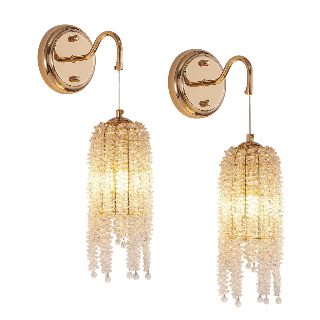 Set of 2 Gold Frame and Cascading Crystal Bead String Wall Sconces, E12 Bulb Socket, Elegant Hanging Light Fixture for Living Room, Bedroom, Hallway (Bulb Not Included)