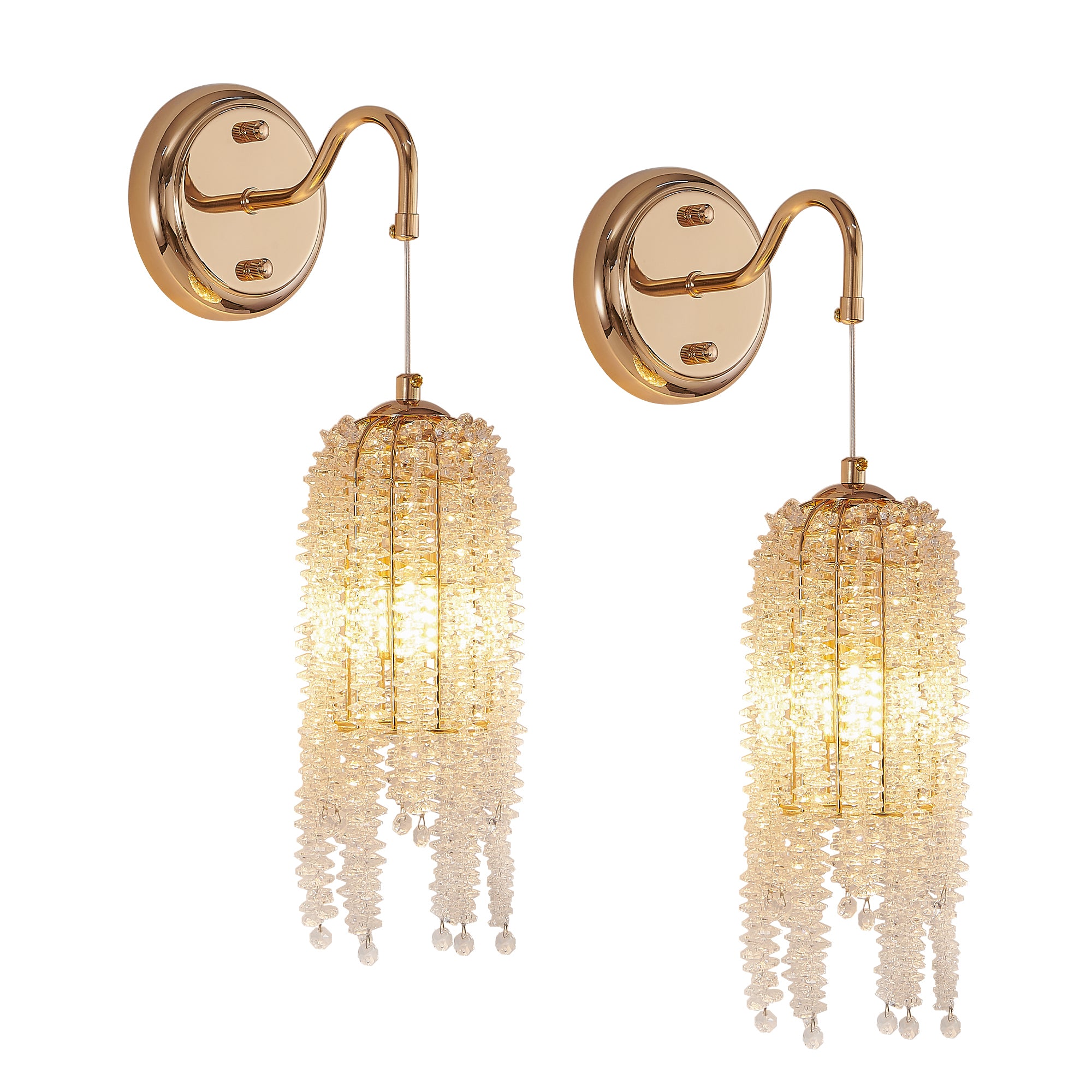 Set of 2 Gold Frame and Cascading Crystal Bead String Wall Sconces, E12 Bulb Socket, Elegant Hanging Light Fixture for Living Room, Bedroom, Hallway (Bulb Not Included)