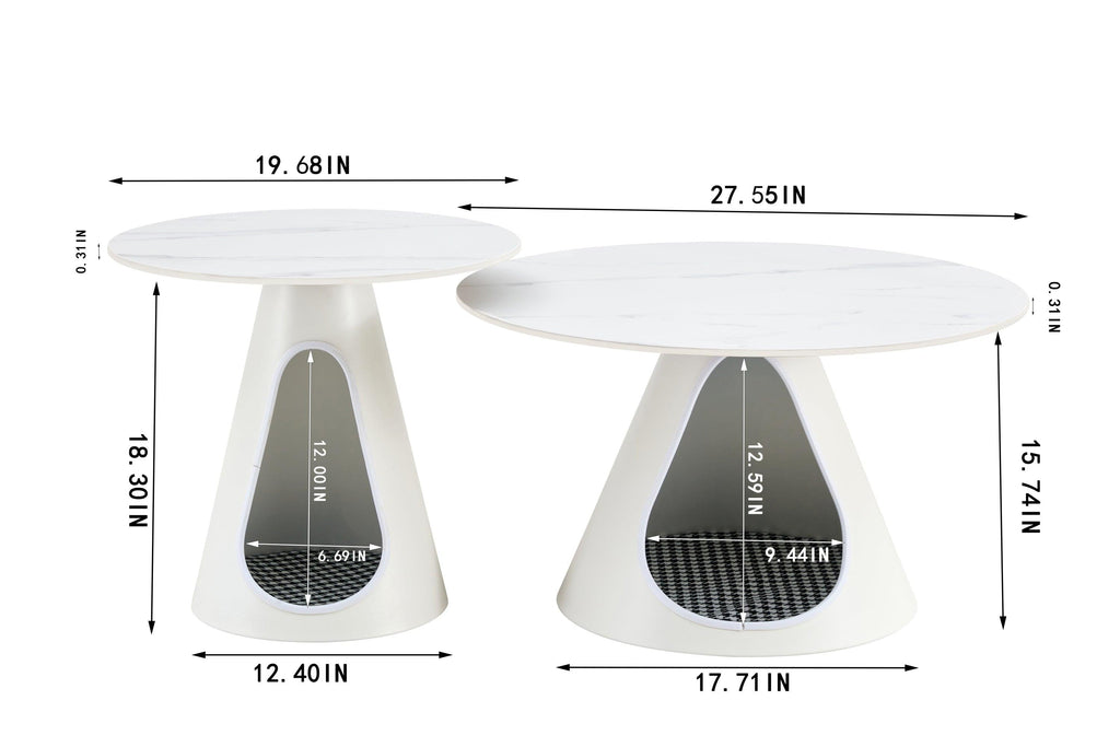 Set Of 2 White Round Coffee Tables With Marble Top And Steel Base.