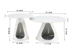 Set Of 2 White Round Coffee Tables With Marble Top And Steel Base.
