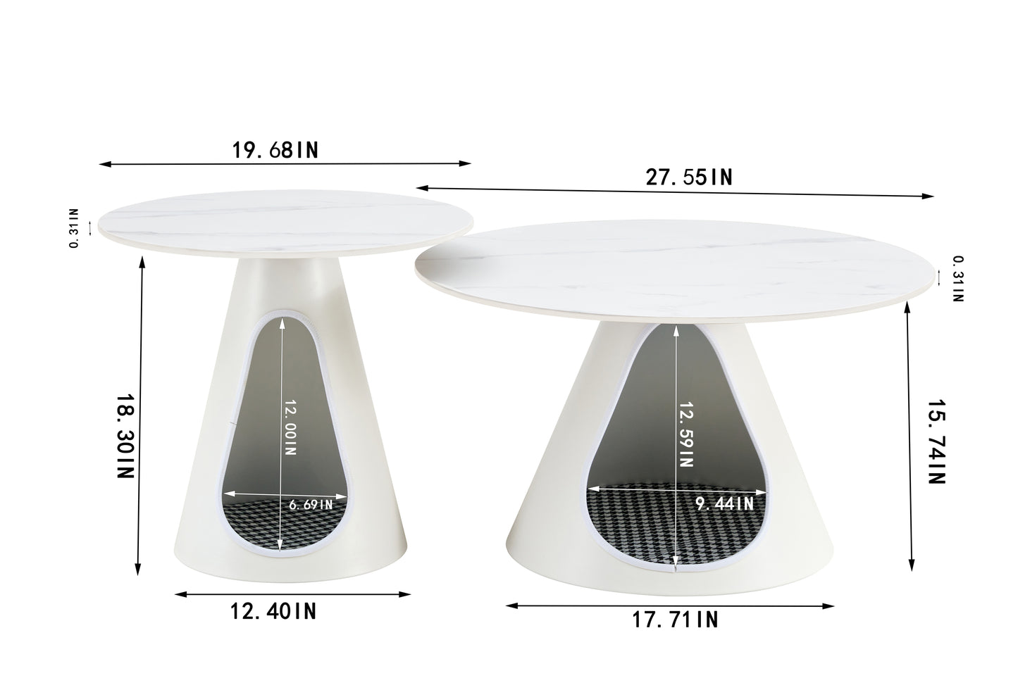 set of 2 coffee round tables with a marble-look top and steel base with 2 cat beds multifunctional and stylish entable