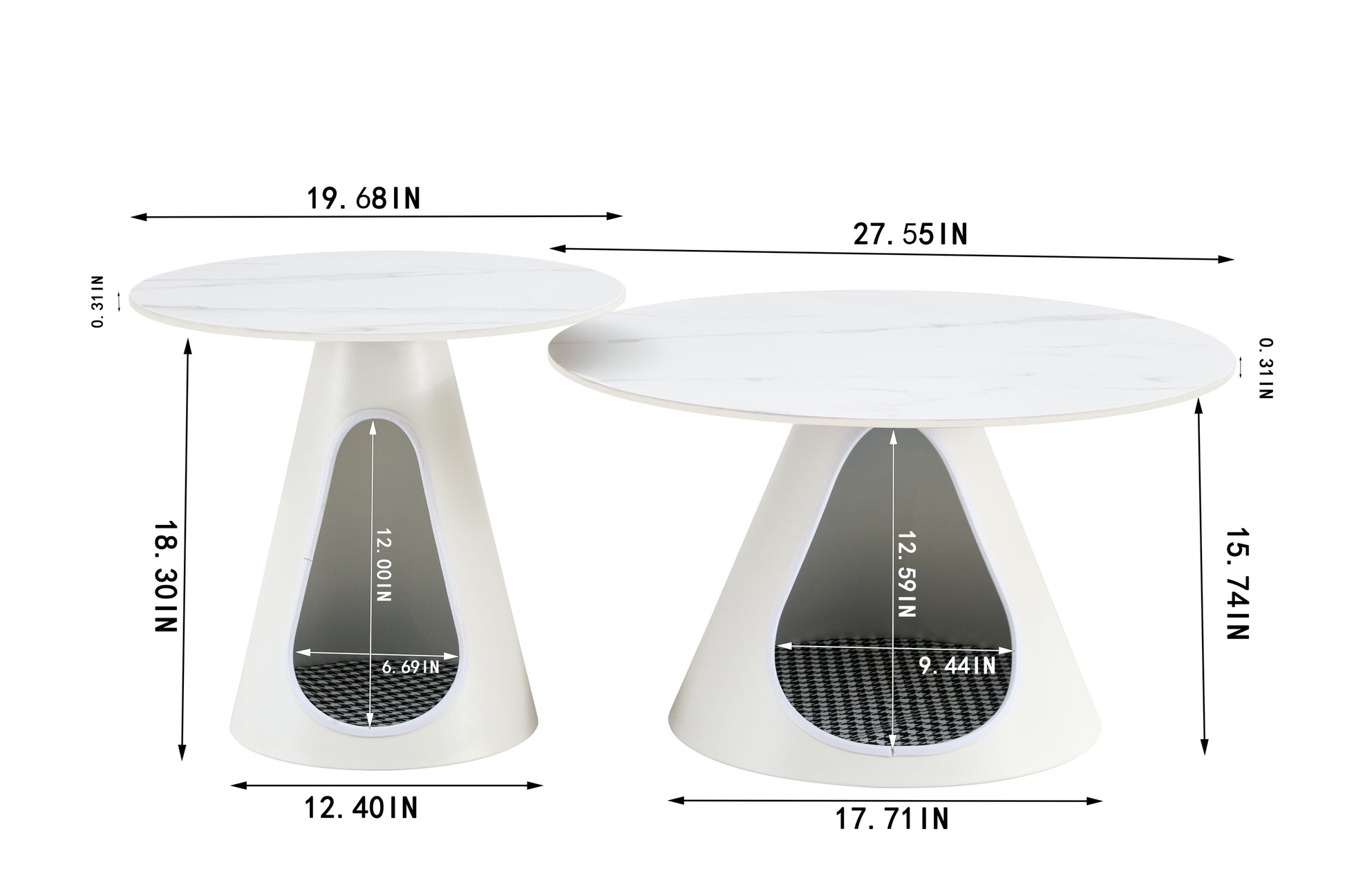 set of 2 coffee round tables with a marble-look top and steel base with 2 cat beds multifunctional and stylish entable