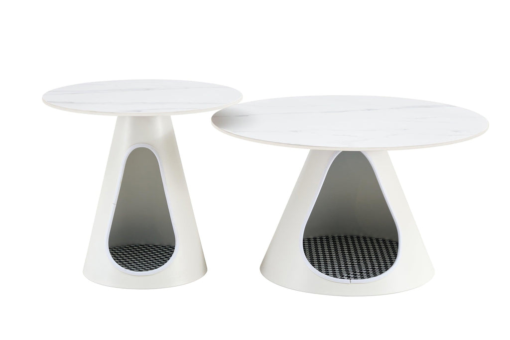 Set Of 2 White Round Coffee Tables With Marble Top And Steel Base.