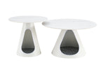 Set Of 2 White Round Coffee Tables With Marble Top And Steel Base.