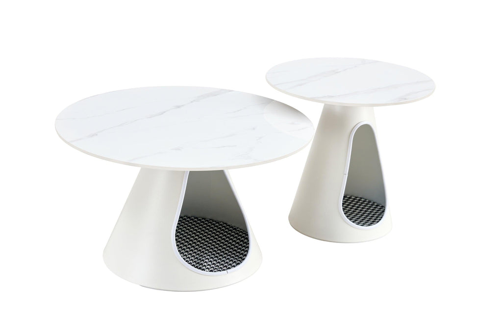 Set Of 2 White Round Coffee Tables With Marble Top And Steel Base.