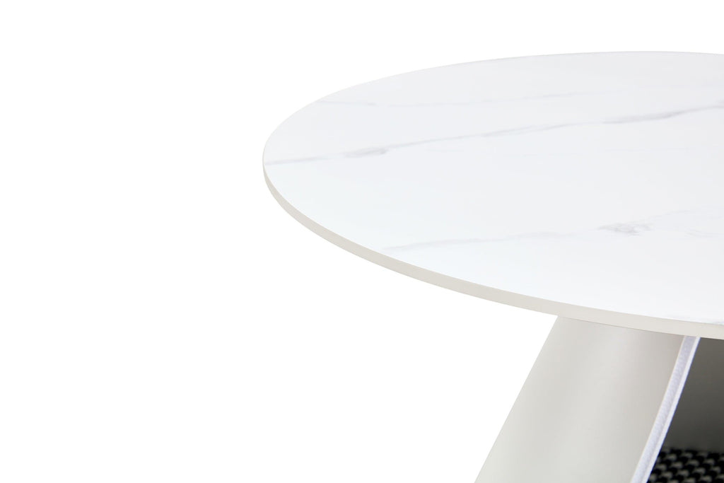 Set Of 2 White Round Coffee Tables With Marble Top And Steel Base.