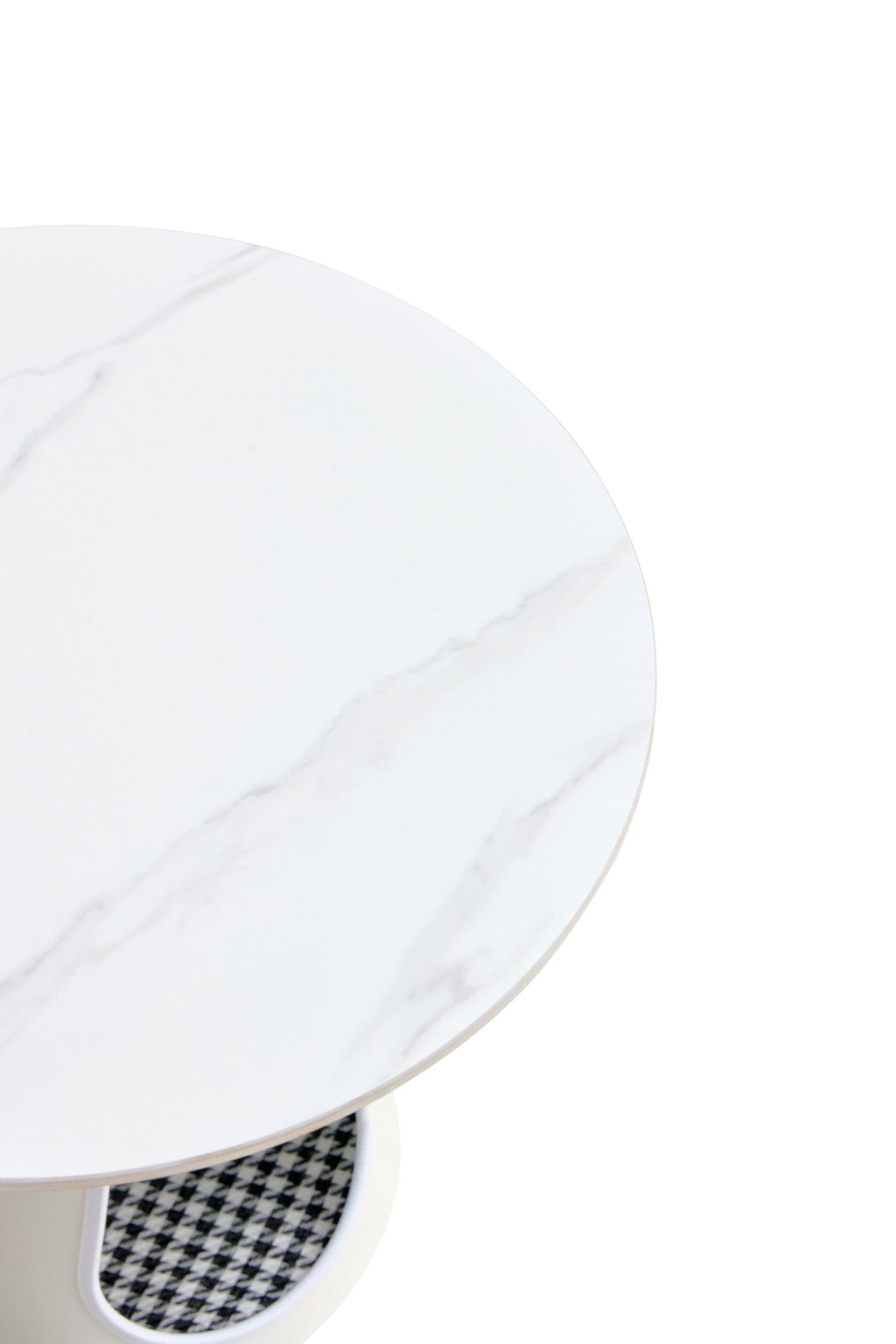 Set Of 2 White Round Coffee Tables With Marble Top And Steel Base.