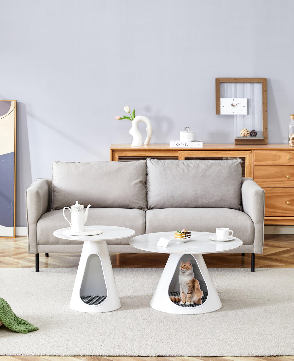 Set Of 2 White Round Coffee Tables With Marble Top And Steel Base.