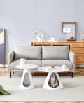 Set Of 2 White Round Coffee Tables With Marble Top And Steel Base.