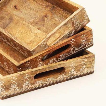 3 Piece Rectangle Wooden Trays (Nested) / Natural Finish - Mango Wood / Set