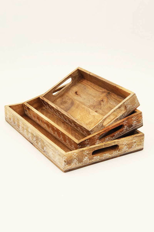 3 Piece Rectangle Wooden Trays (Nested) / Natural Finish - Mango Wood / Set