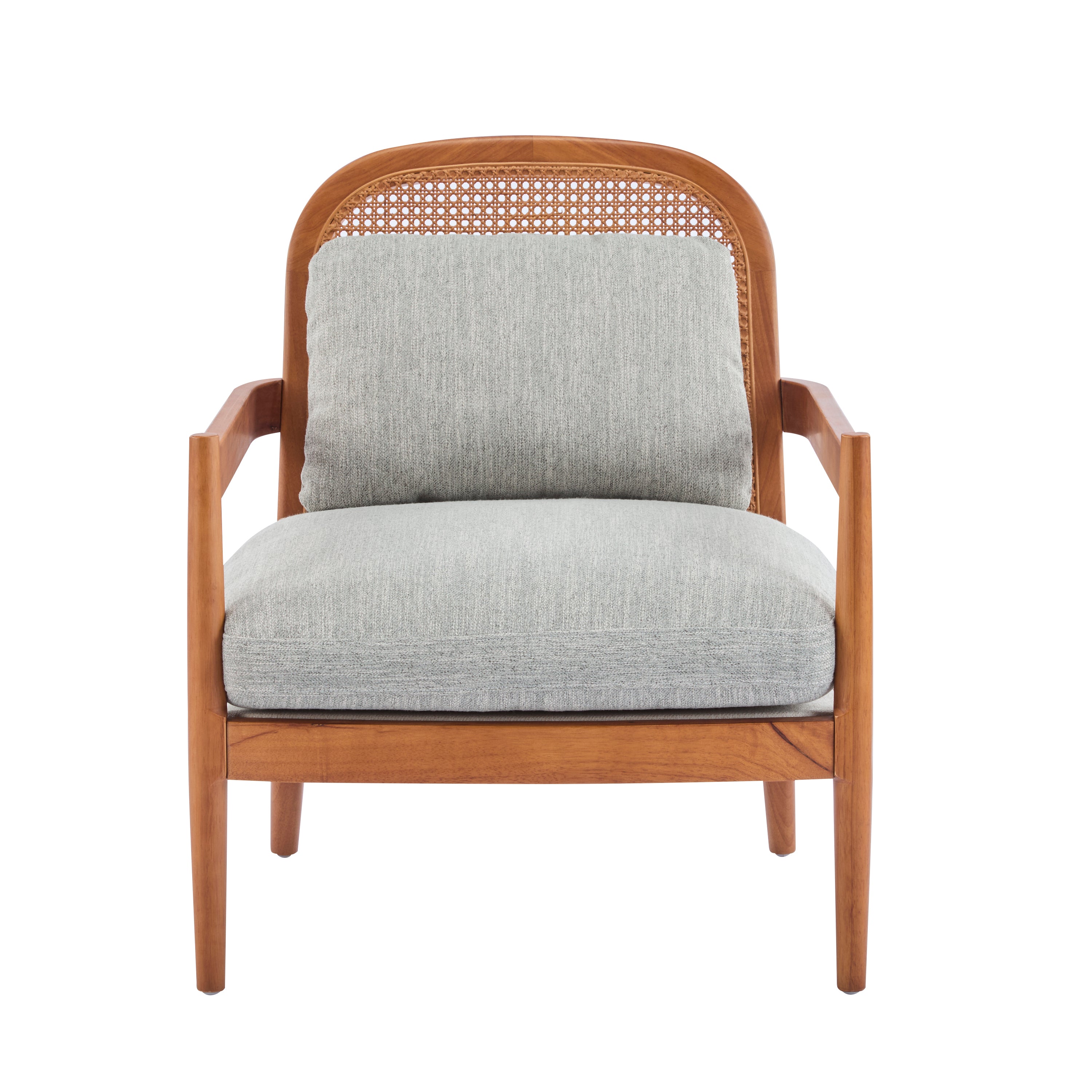 [Set of 2] 26.6' Mid-Century Modern Accent Chair with Walnut Finish Solid Wood Frame and Rattan Backrest, Greyish-Green Cushion, Comfy Armchairs for Living Room, Bedroom, Reading Nook