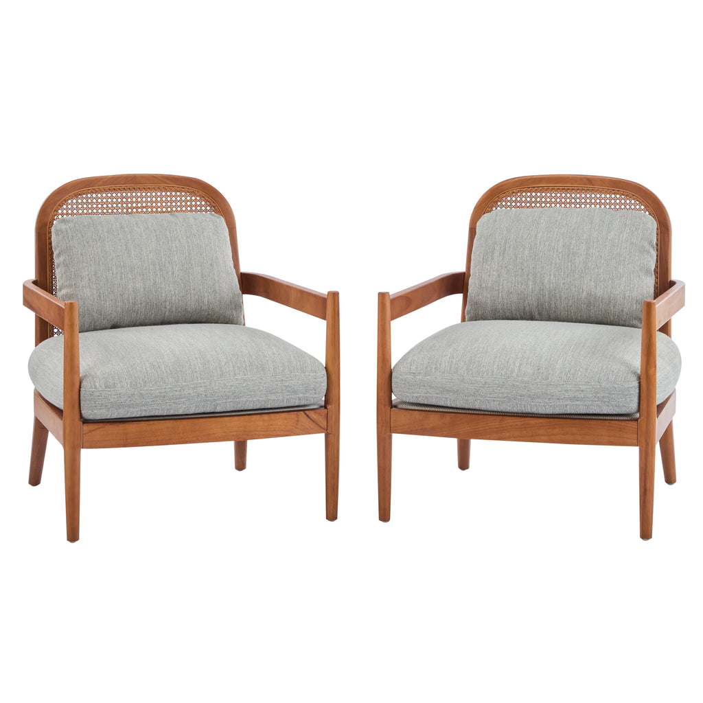 [Set of 2] 26.6' Mid-Century Modern Accent Chair with Walnut Finish Solid Wood Frame and Rattan Backrest, Greyish-Green Cushion, Comfy Armchairs for Living Room, Bedroom, Reading Nook