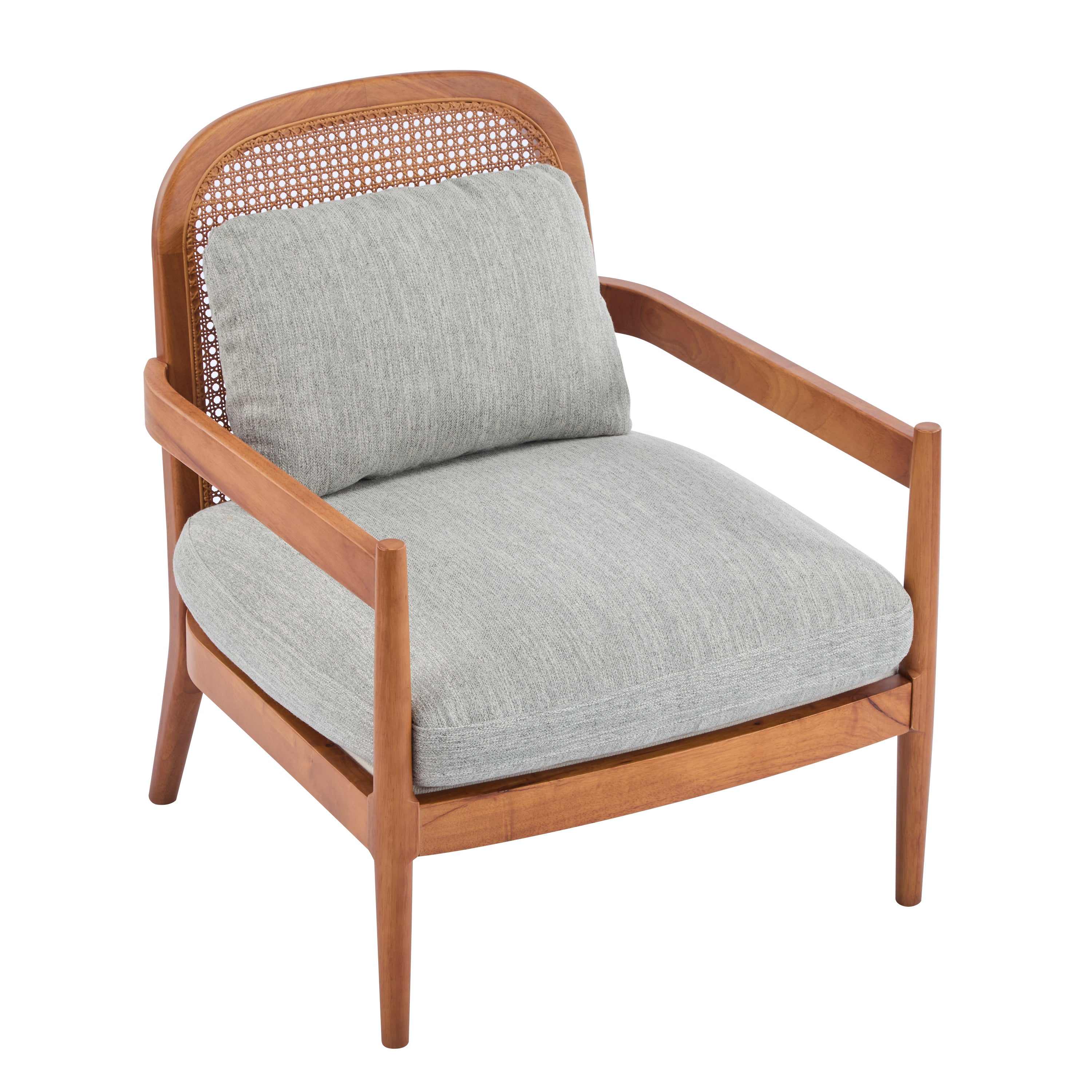 [Set of 2] 26.6' Mid-Century Modern Accent Chair with Walnut Finish Solid Wood Frame and Rattan Backrest, Greyish-Green Cushion, Comfy Armchairs for Living Room, Bedroom, Reading Nook