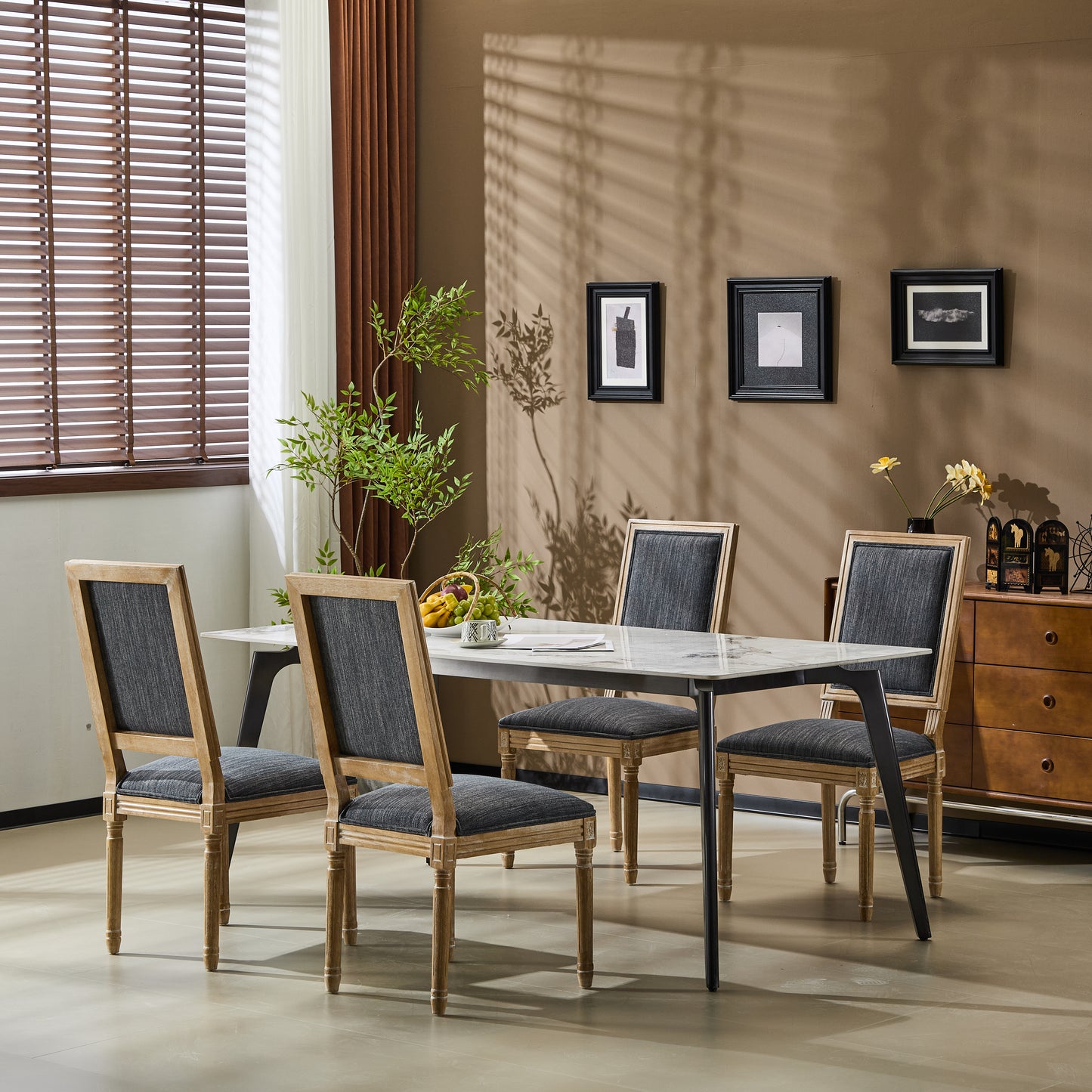 [Set of 4] French Country Dining Chairs - Elegant Cane Backrest & Upholstered Seats with Fluted Legs - Rustic Weathered Finish - Solid Rubberwood Frame - Vintage Inspired Kitchen & Dining Room Chairs