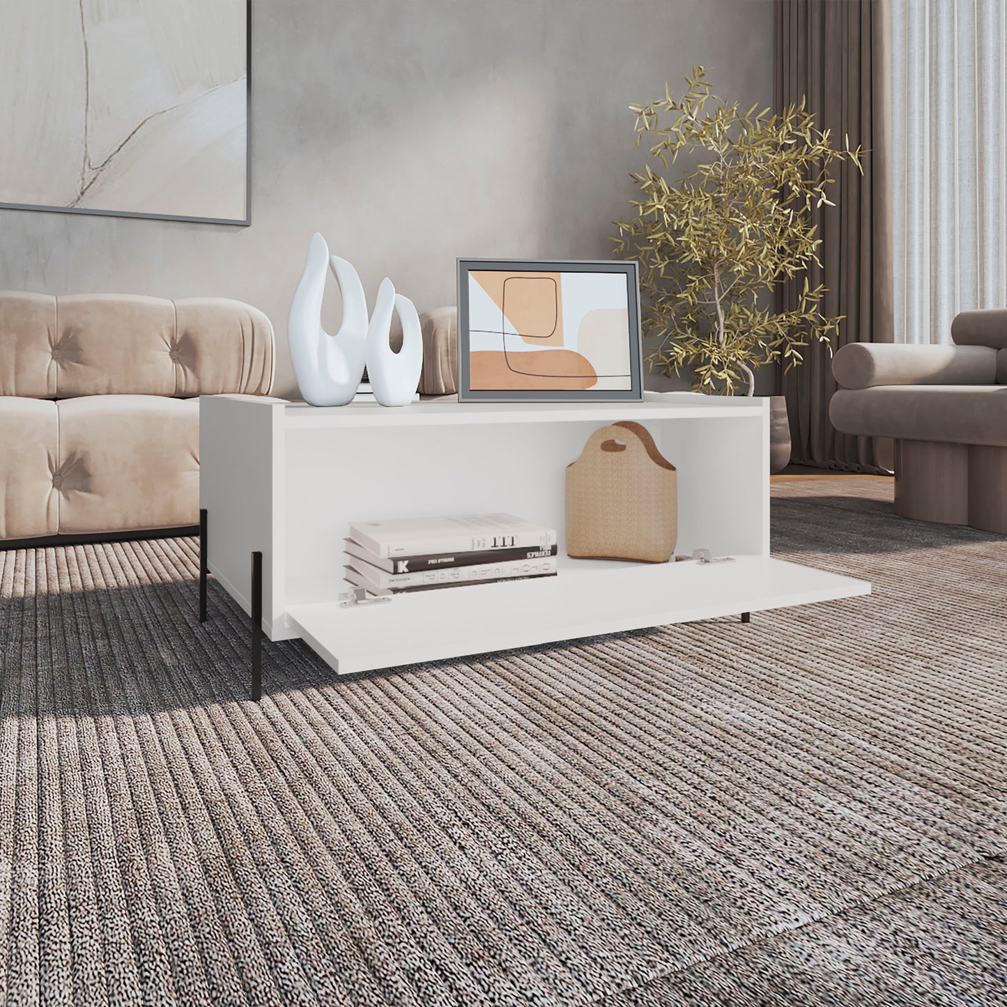 Shan 15 High Minimalistic Coffe Table with Pull Down Cabinet and Open Shelf White