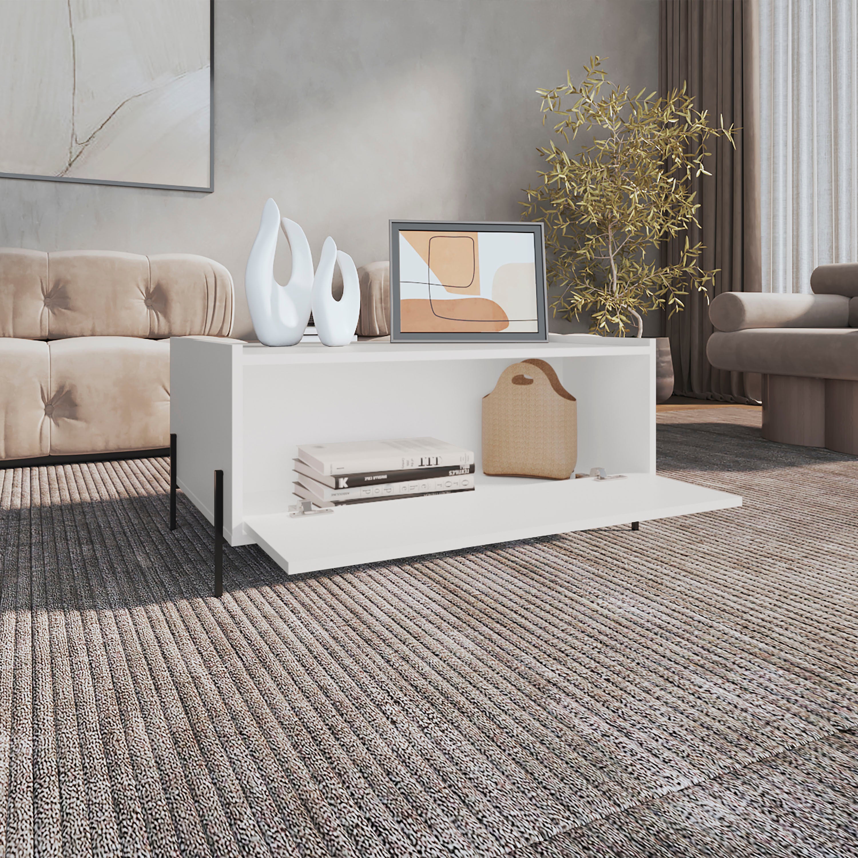 Shan 15 High Minimalistic Coffe Table with Pull Down Cabinet and Open Shelf White