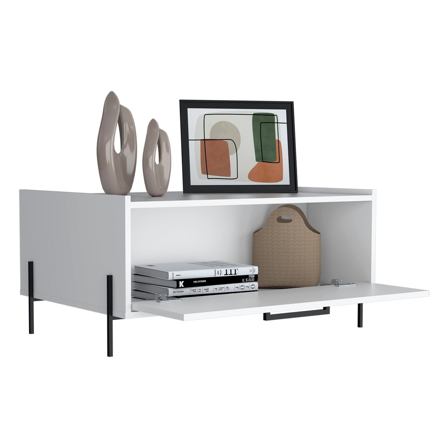 Shan 15 High Minimalistic Coffe Table with Pull Down Cabinet and Open Shelf White