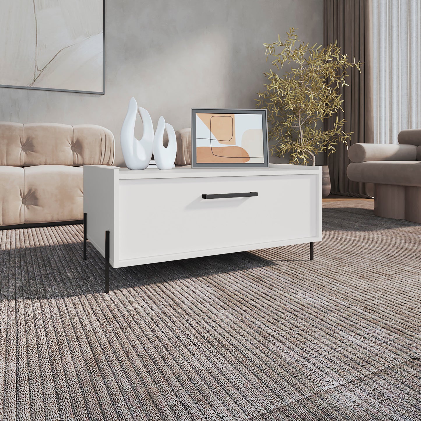 Shan 15 High Minimalistic Coffe Table with Pull Down Cabinet and Open Shelf White