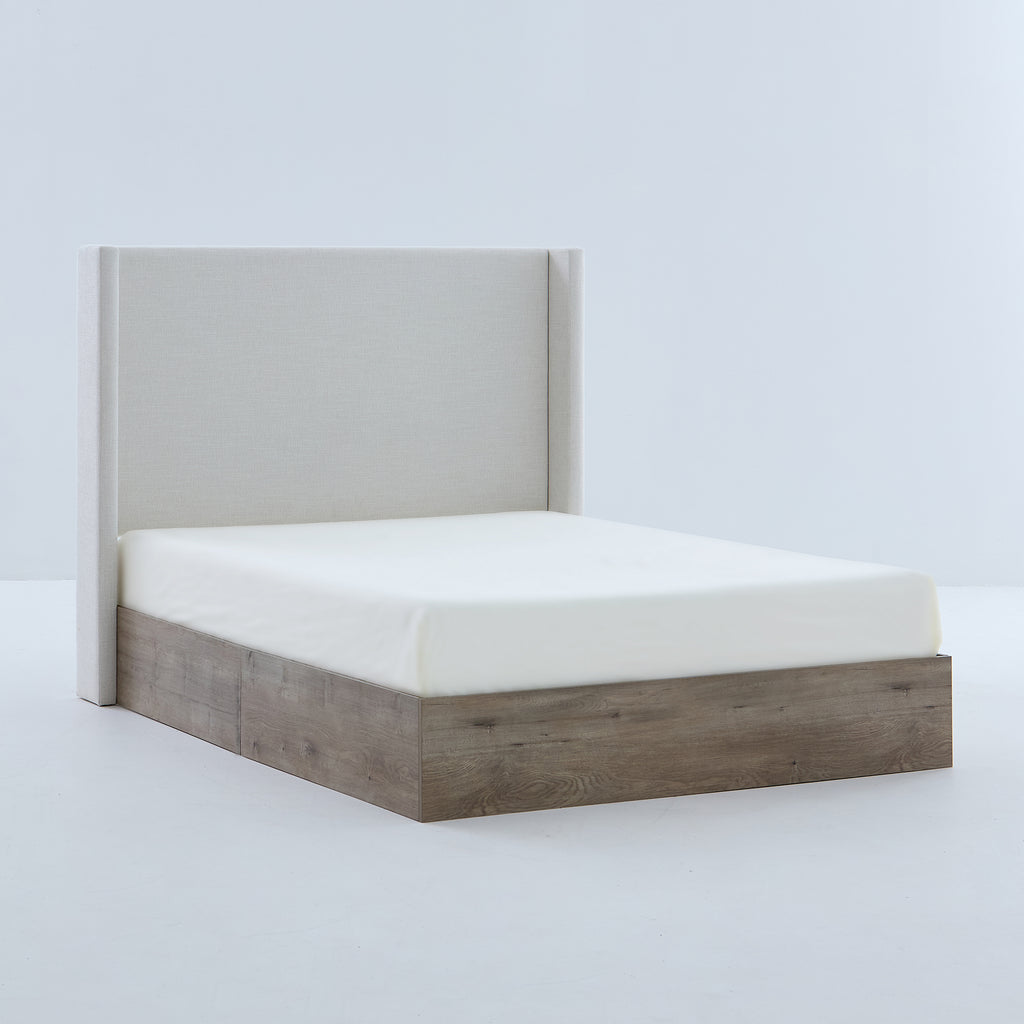 Shelton Upholstered Wingback Bed with 54' High Headboard in Textured Ivory Canvas Chenille, Wood Base, Queen