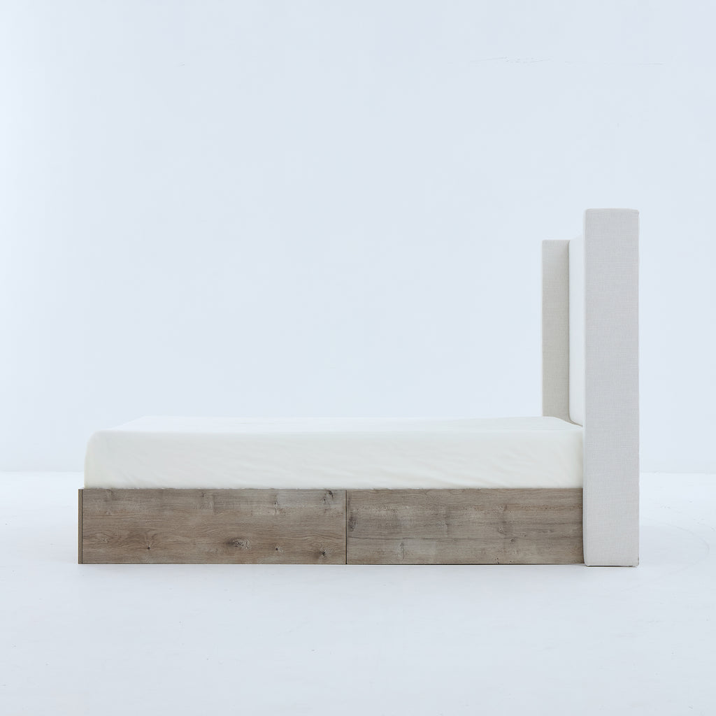 Shelton Upholstered Wingback Bed with 54' High Headboard in Textured Ivory Canvas Chenille, Wood Base, Queen