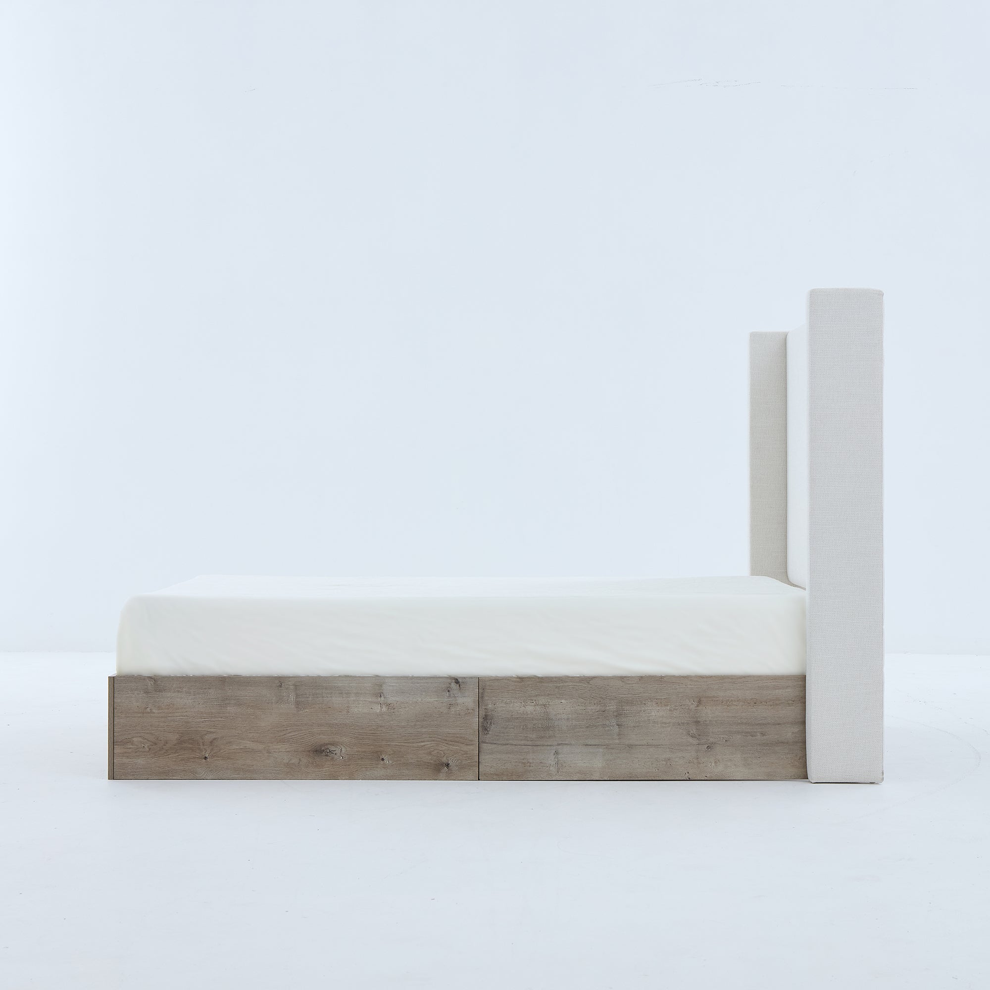 Shelton Upholstered Wingback Bed with 54' High Headboard in Textured Ivory Canvas Chenille, Wood Base, Queen