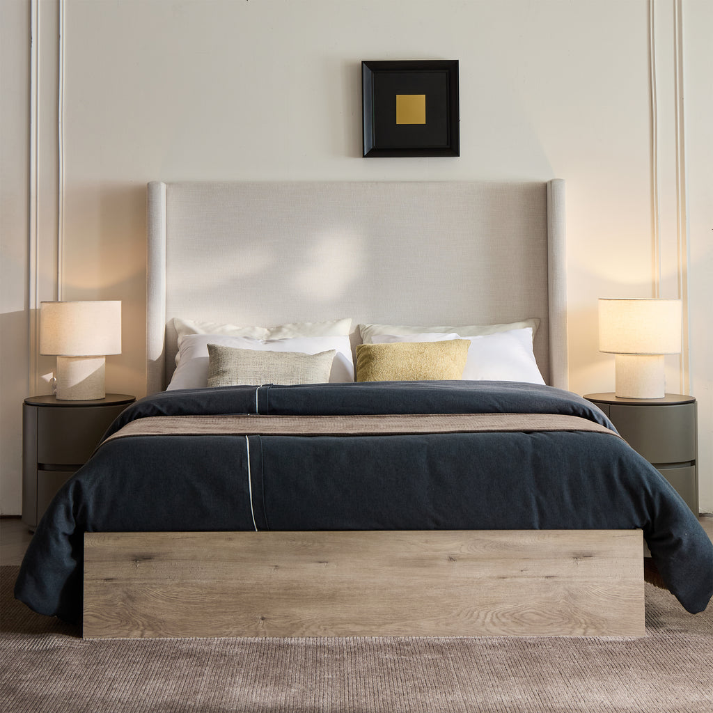 Shelton Upholstered Wingback Bed with 54' High Headboard in Textured Ivory Canvas Chenille, Wood Base, Queen