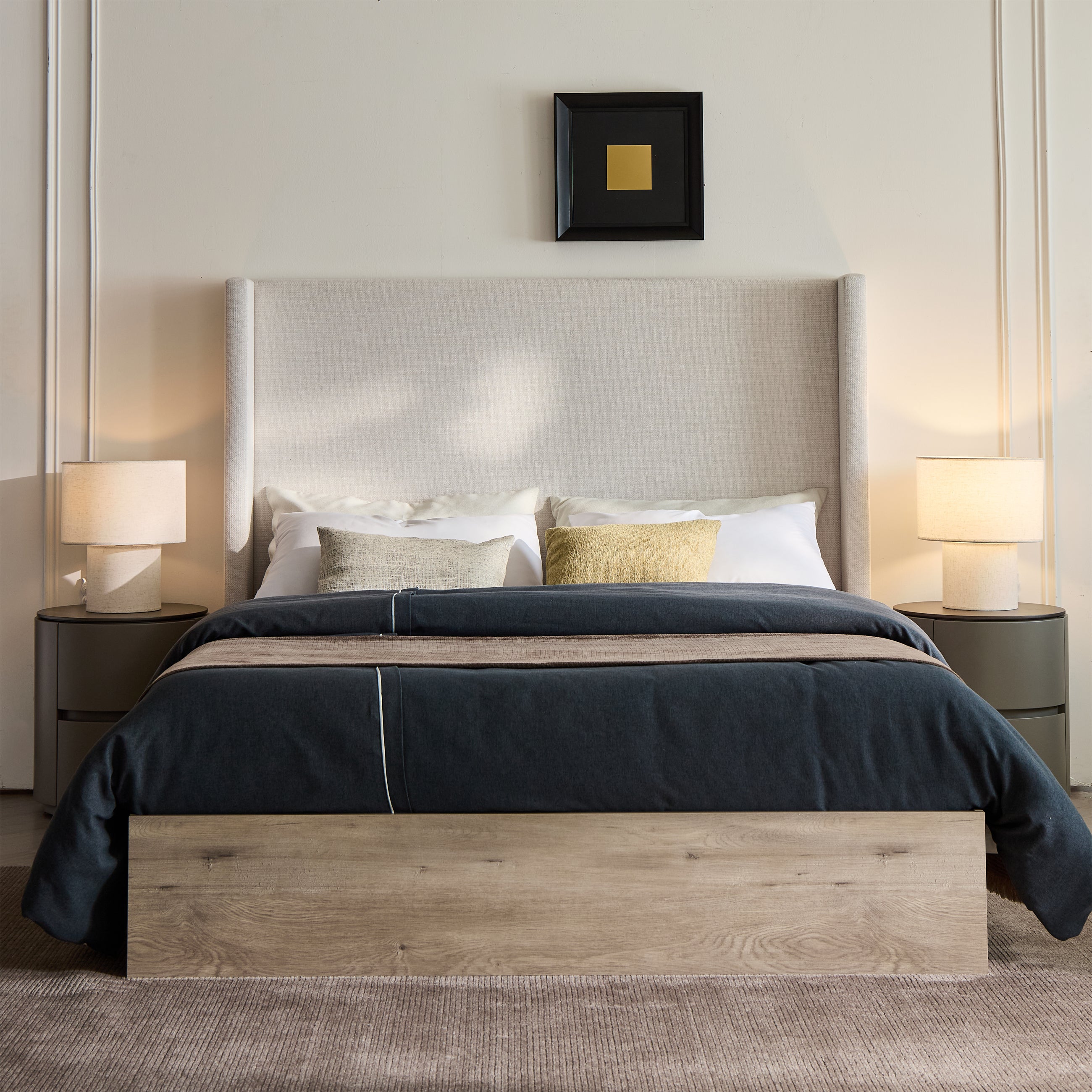 Shelton Upholstered Wingback Bed with 54' High Headboard in Textured Ivory Canvas Chenille, Wood Base, Queen