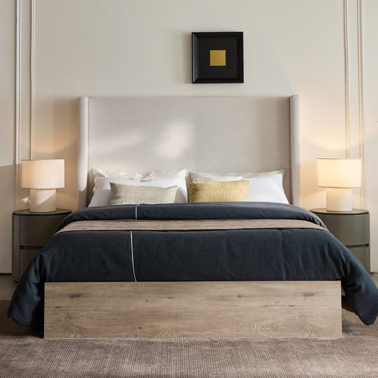 Shelton Upholstered Wingback Bed with 54' High Headboard in Textured Ivory Canvas Chenille, Wood Base, Queen