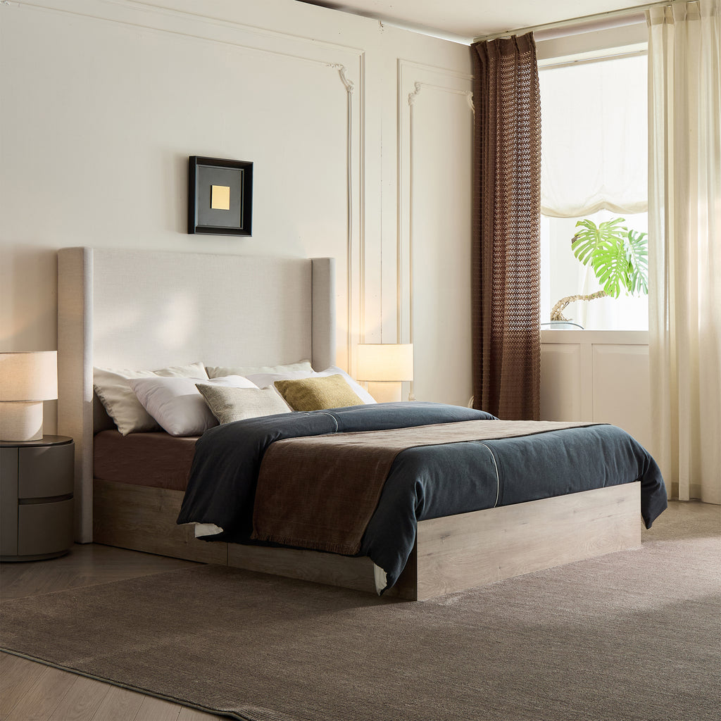 Shelton Upholstered Wingback Bed with 54' High Headboard in Textured Ivory Canvas Chenille, Wood Base, Queen