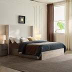 Shelton Upholstered Wingback Bed with 54' High Headboard in Textured Ivory Canvas Chenille, Wood Base, Queen