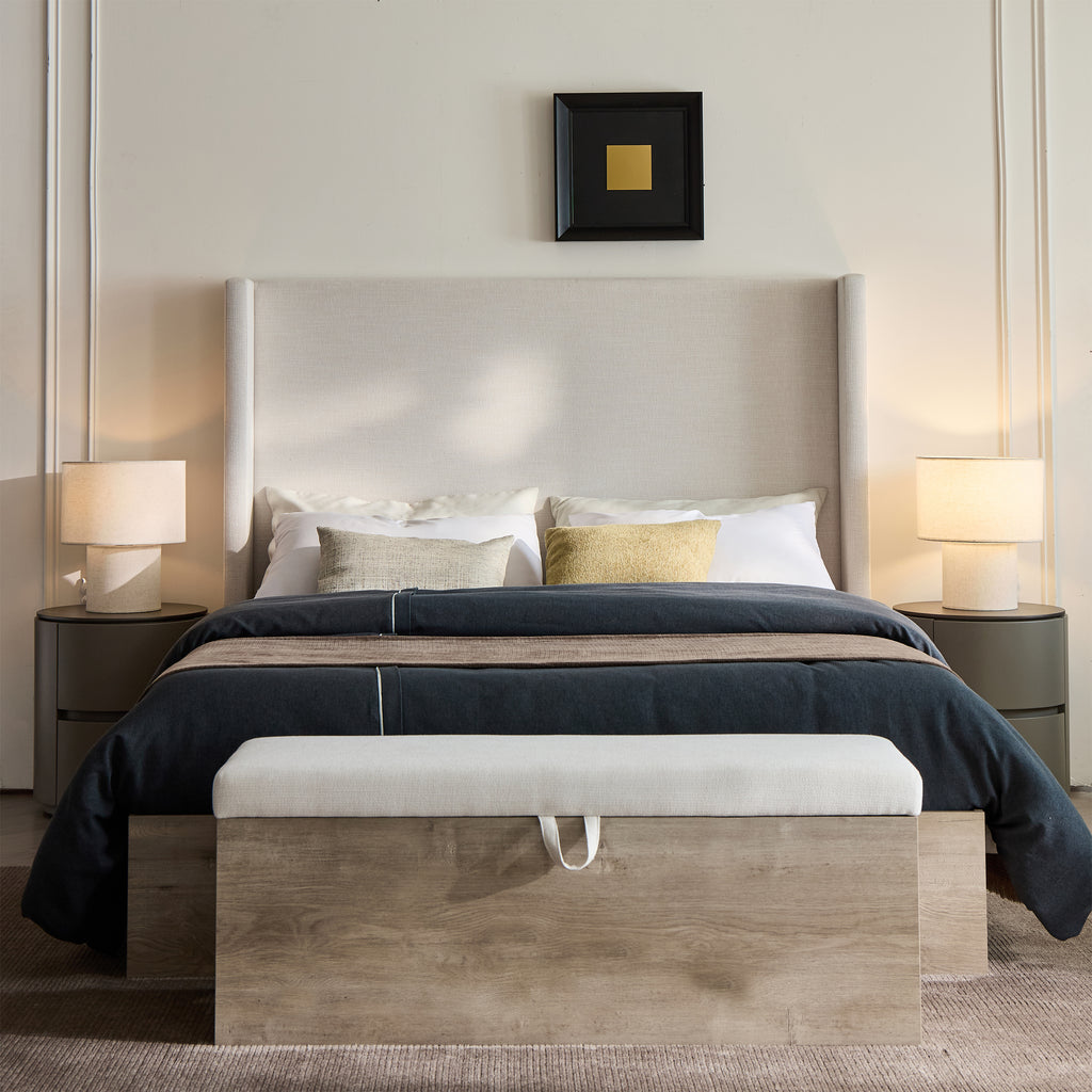 Shelton Upholstered Wingback Bed with 54' High Headboard in Textured Ivory Canvas Chenille, Wood Base, Queen