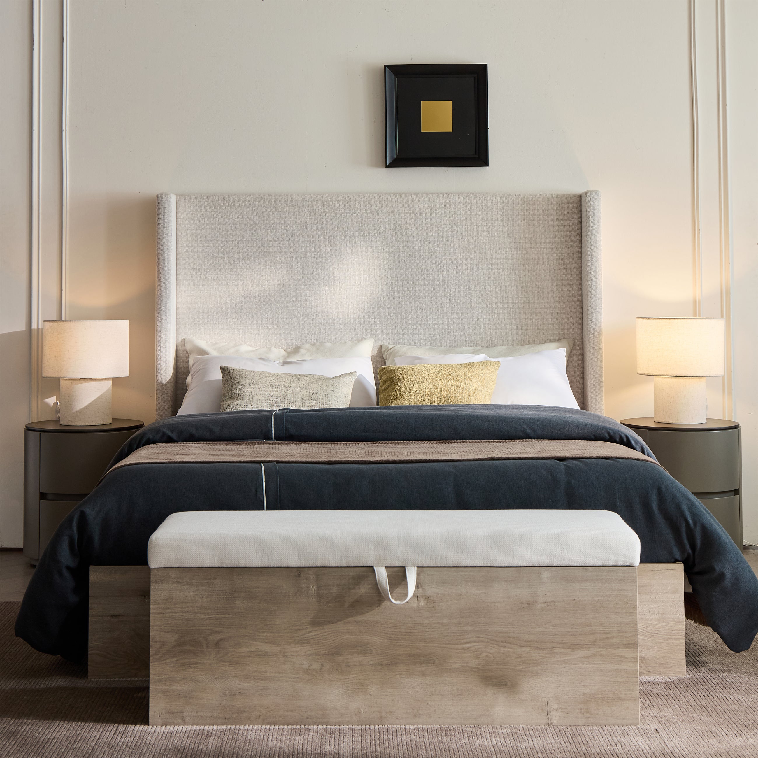 Shelton Upholstered Wingback Bed with 54' High Headboard in Textured Ivory Canvas Chenille, Wood Base, Queen