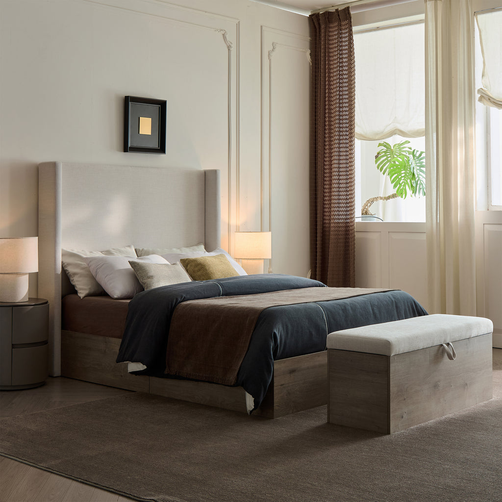 Shelton Upholstered Wingback Bed with 54' High Headboard in Textured Ivory Canvas Chenille, Wood Base, Queen