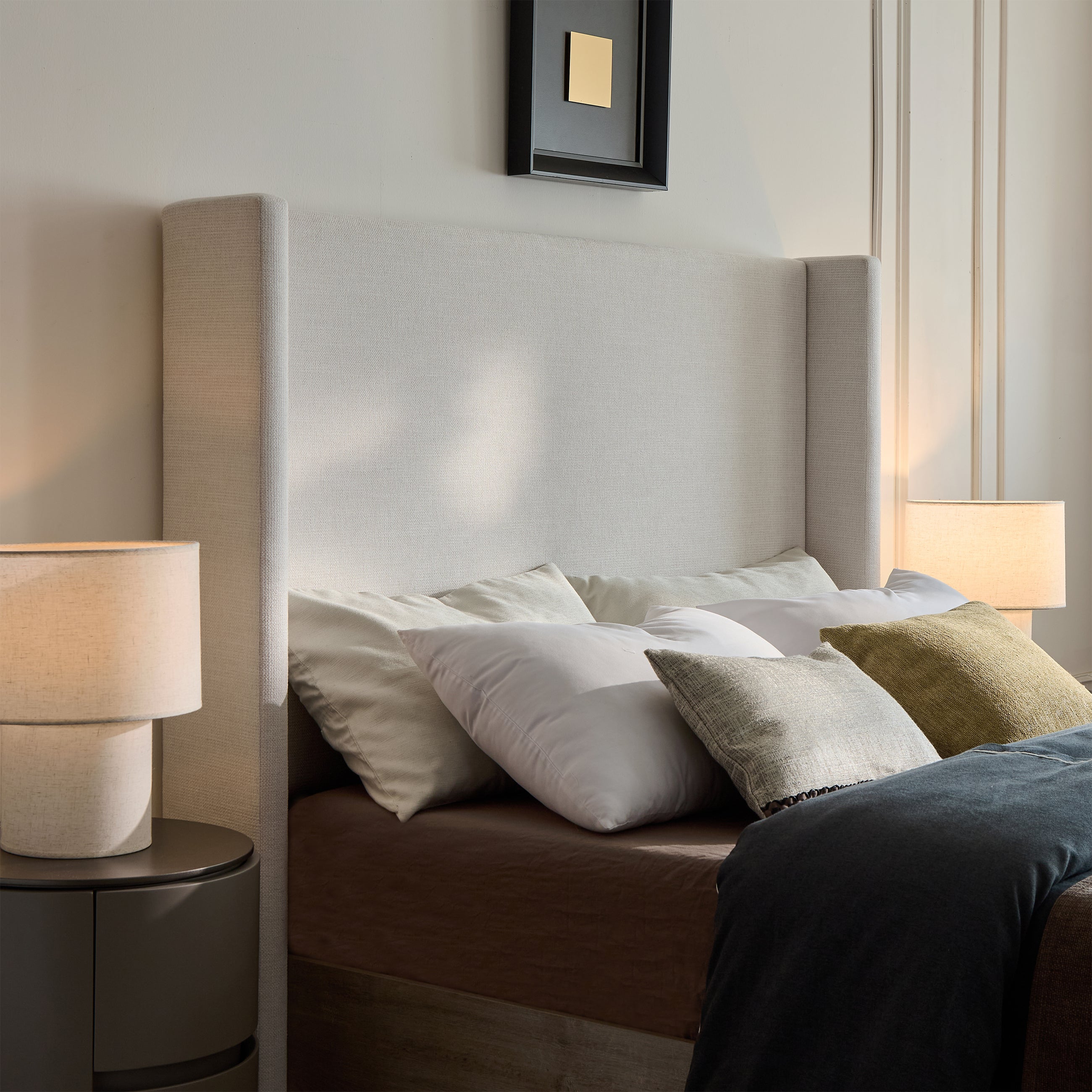 Shelton Upholstered Wingback Bed with 54' High Headboard in Textured Ivory Canvas Chenille, Wood Base, Queen