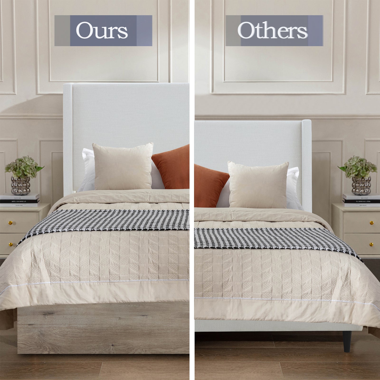 Shelton Upholstered Wingback Bed with 54' High Headboard in Textured Ivory Canvas Chenille, Wood Base, Queen