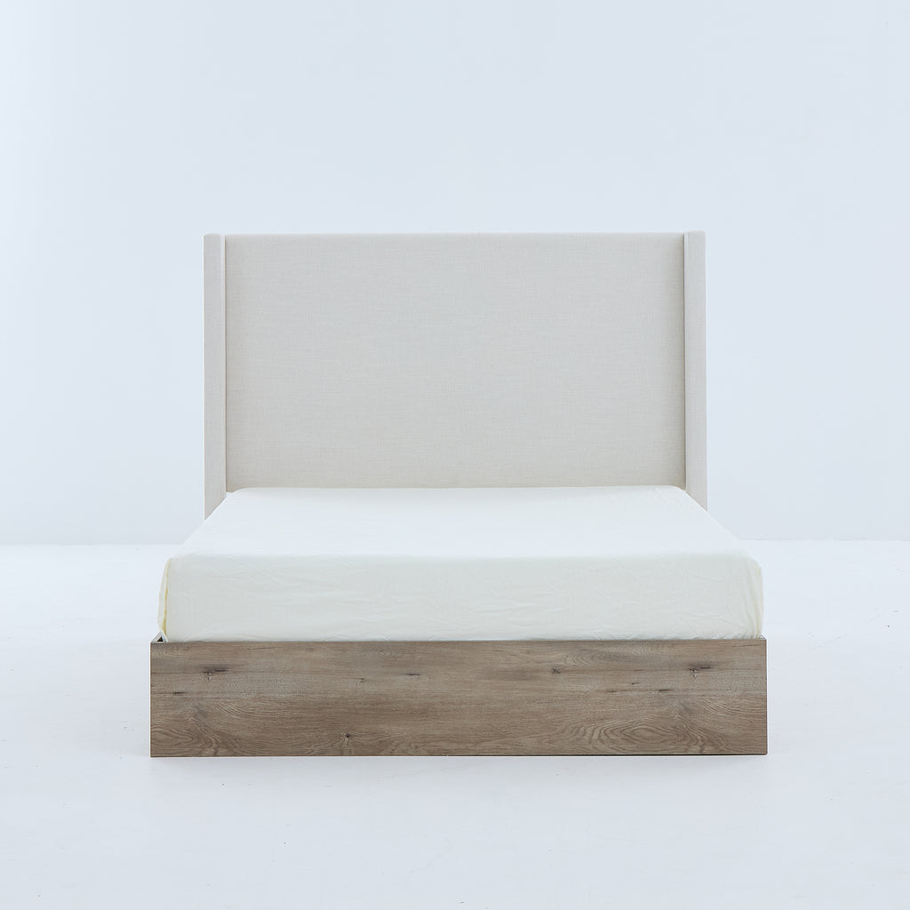 Shelton Upholstered Wingback Bed with 54' High Headboard in Textured Ivory Canvas Chenille, Wood Base, Queen