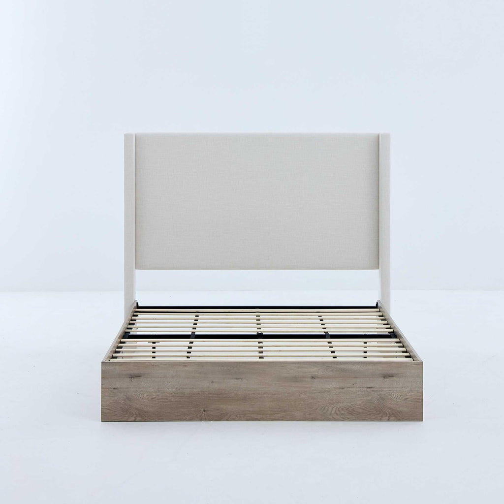 Shelton Upholstered Wingback Bed with 54' High Headboard in Textured Ivory Canvas Chenille, Wood Base, Queen