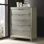 Contemporary Silver 1pc Chest of Drawers Acrylic Handles Embossed Panels English Dovetails 5-Drawers Tall Dresser