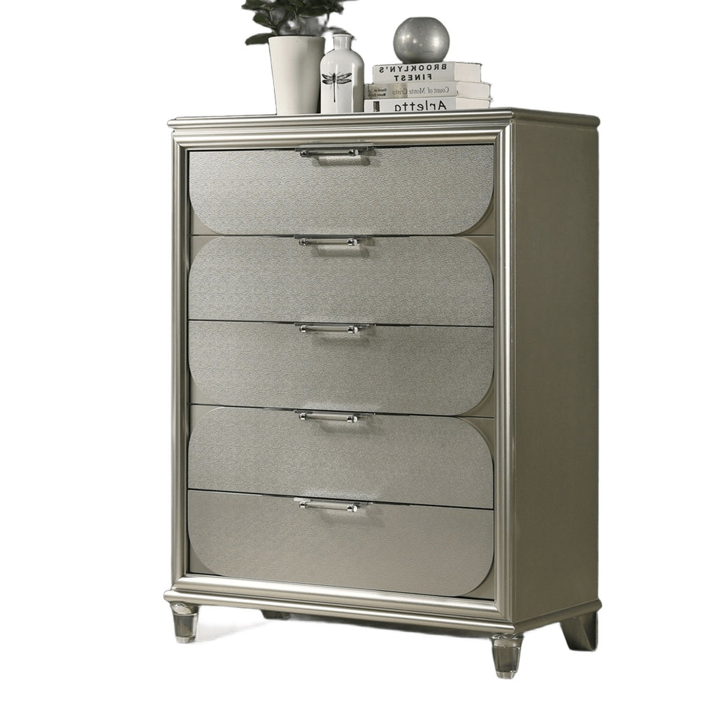 Contemporary Silver 1pc Chest of Drawers Acrylic Handles Embossed Panels English Dovetails 5-Drawers Tall Dresser