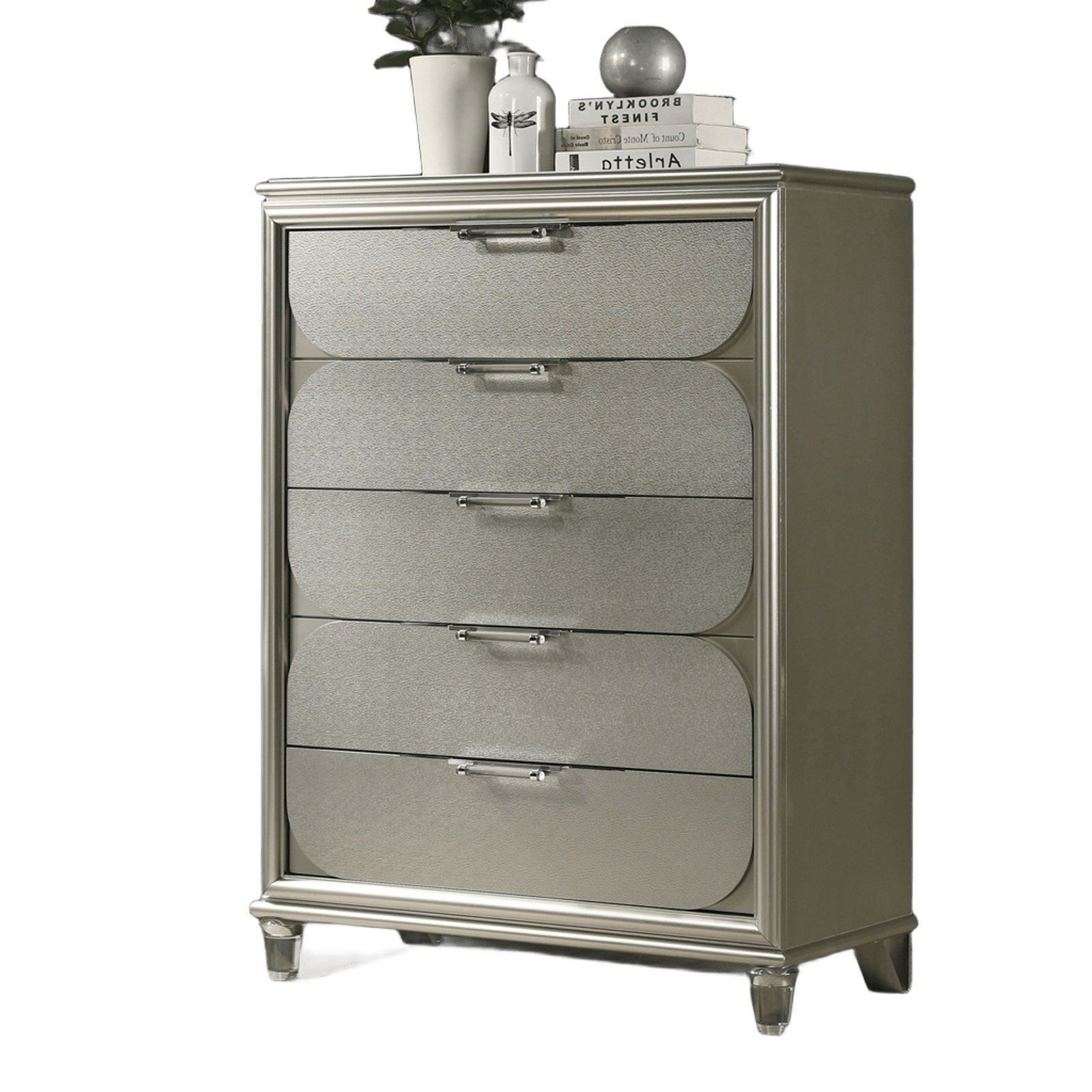 Contemporary Silver 1pc Chest of Drawers Acrylic Handles Embossed Panels English Dovetails 5-Drawers Tall Dresser