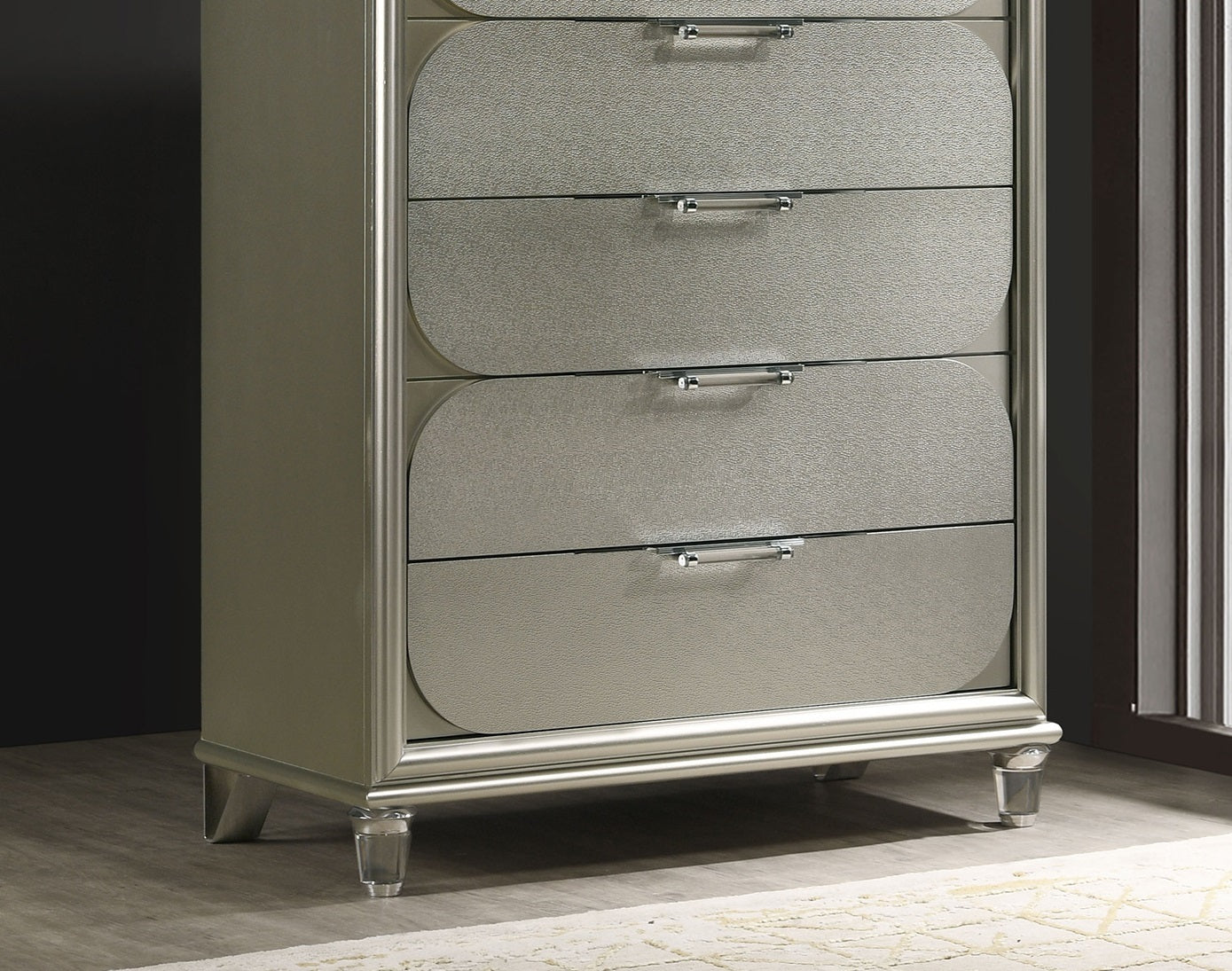 Contemporary Silver 1pc Chest of Drawers Acrylic Handles Embossed Panels English Dovetails 5-Drawers Tall Dresser