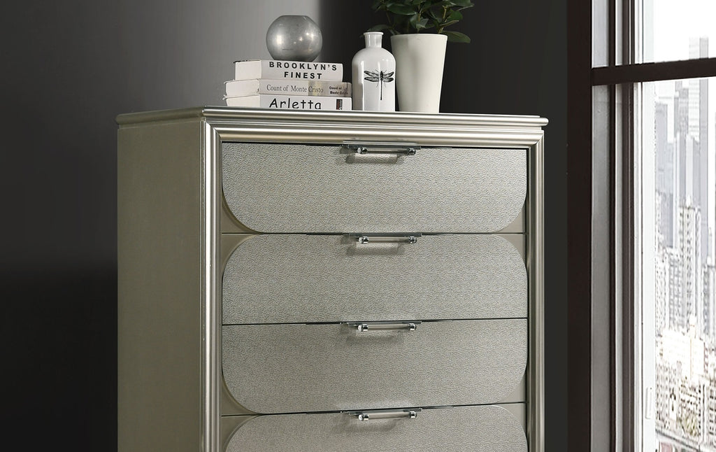 Contemporary Silver 1pc Chest of Drawers Acrylic Handles Embossed Panels English Dovetails 5-Drawers Tall Dresser