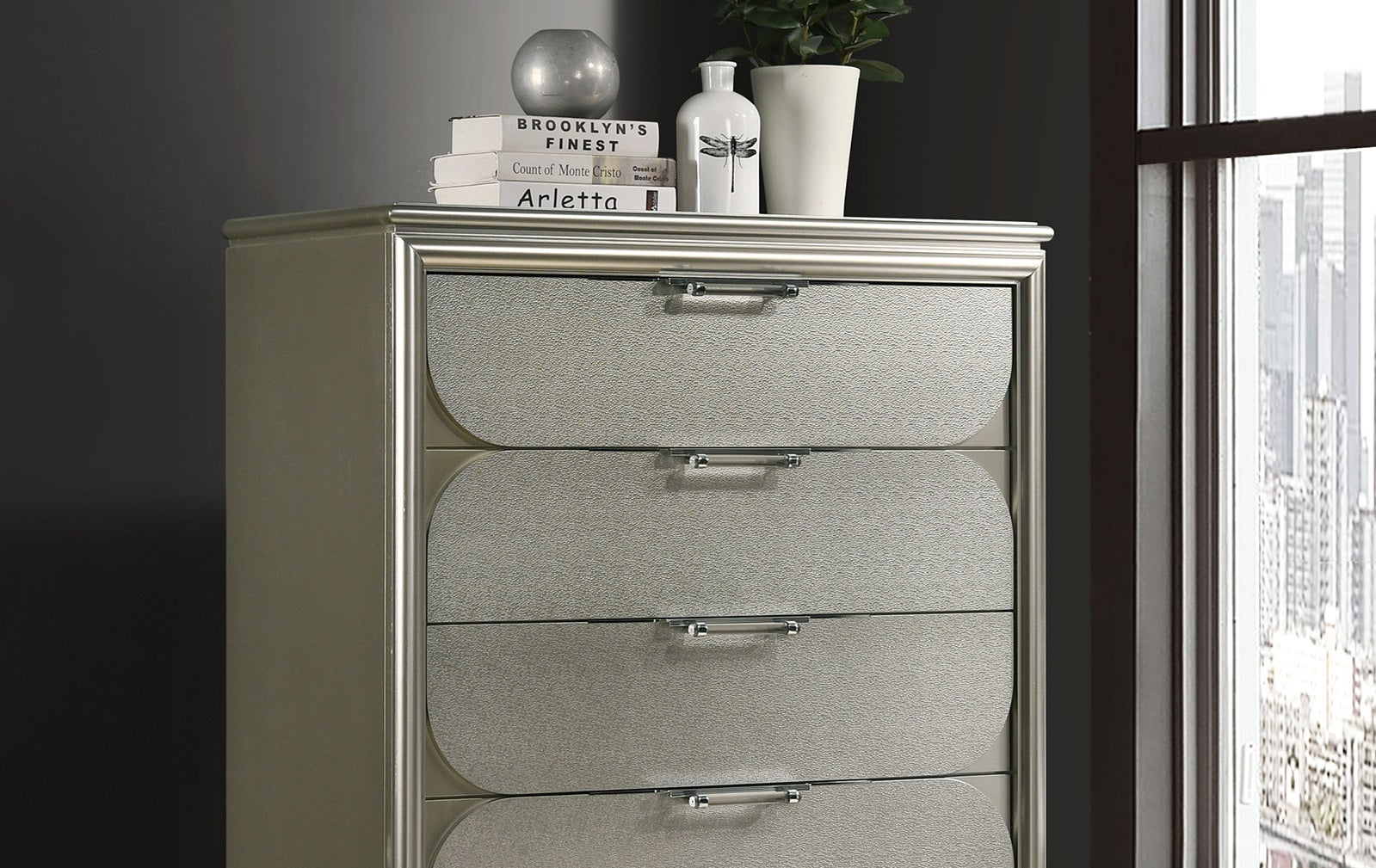 Contemporary Silver 1pc Chest of Drawers Acrylic Handles Embossed Panels English Dovetails 5-Drawers Tall Dresser