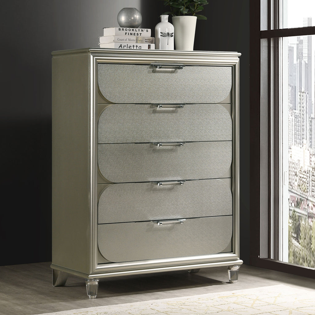 Contemporary Silver 1pc Chest of Drawers Acrylic Handles Embossed Panels English Dovetails 5-Drawers Tall Dresser